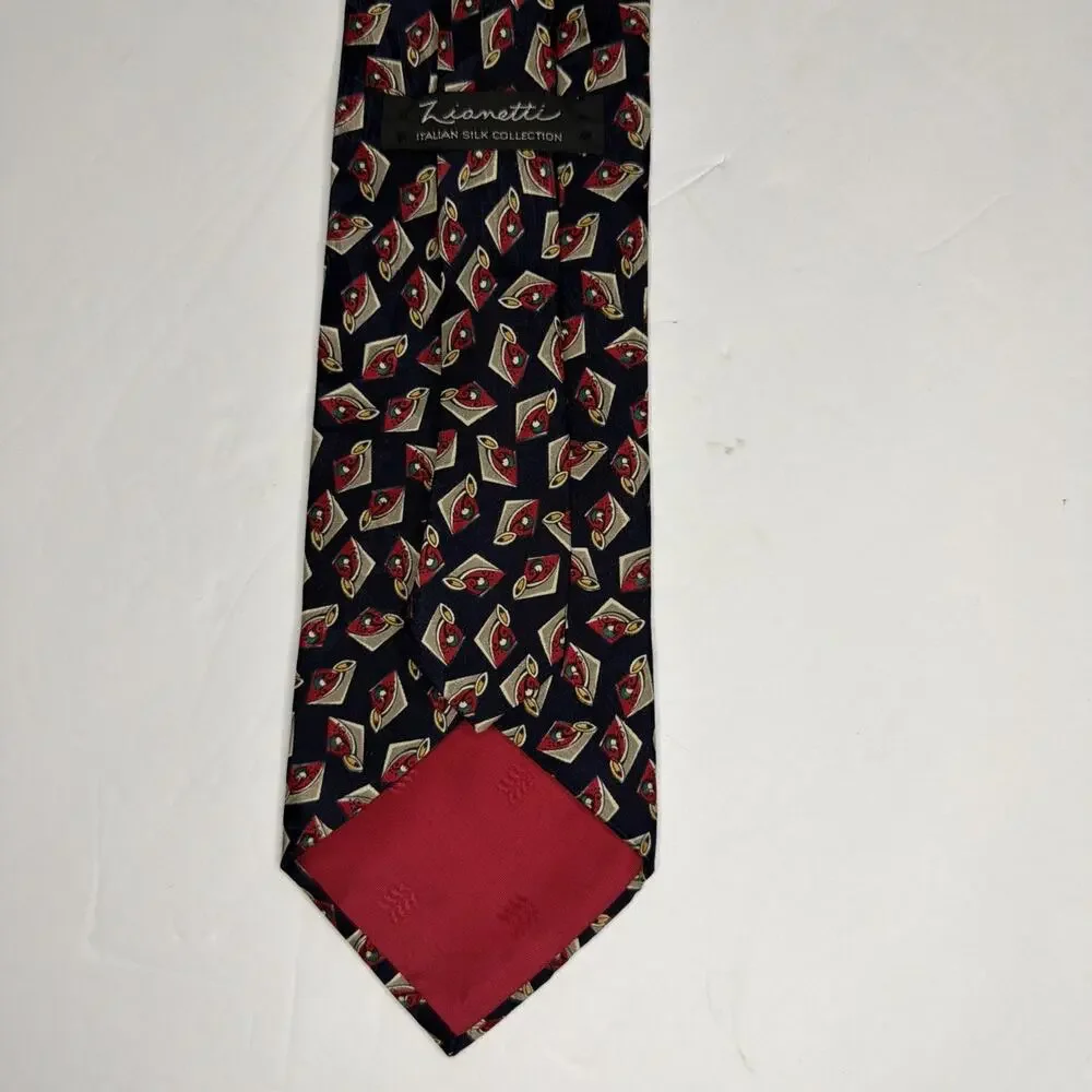 Zianetti Italian Silk Tie Blue Red Art Deco Statement Necktie USA Vintage Gift